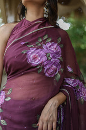 Amethyst Bloom (Handpainted & Hand-Embroidered Chiffon Saree)