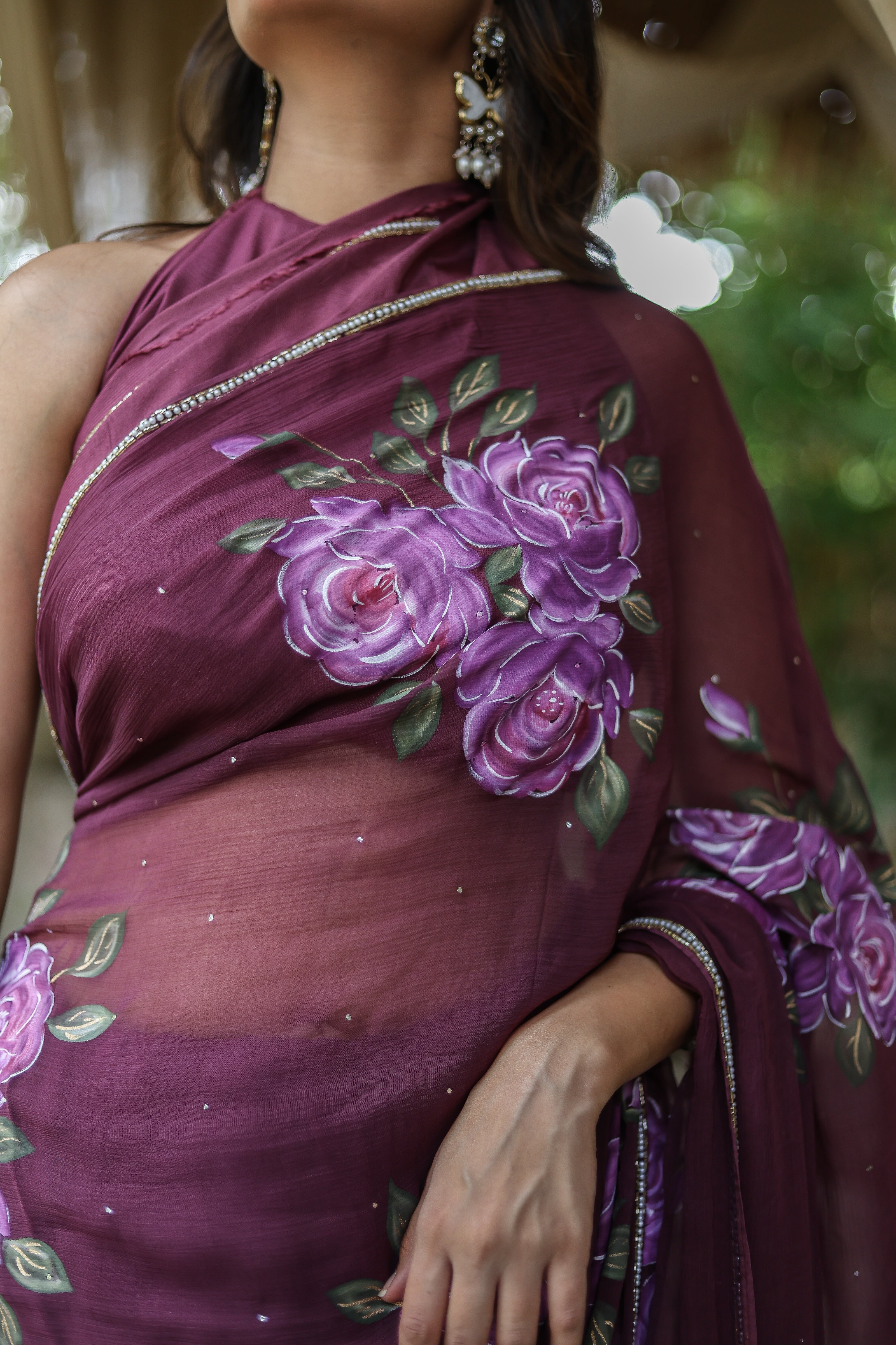 Amethyst Bloom (Handpainted & Hand-Embroidered Chiffon Saree)