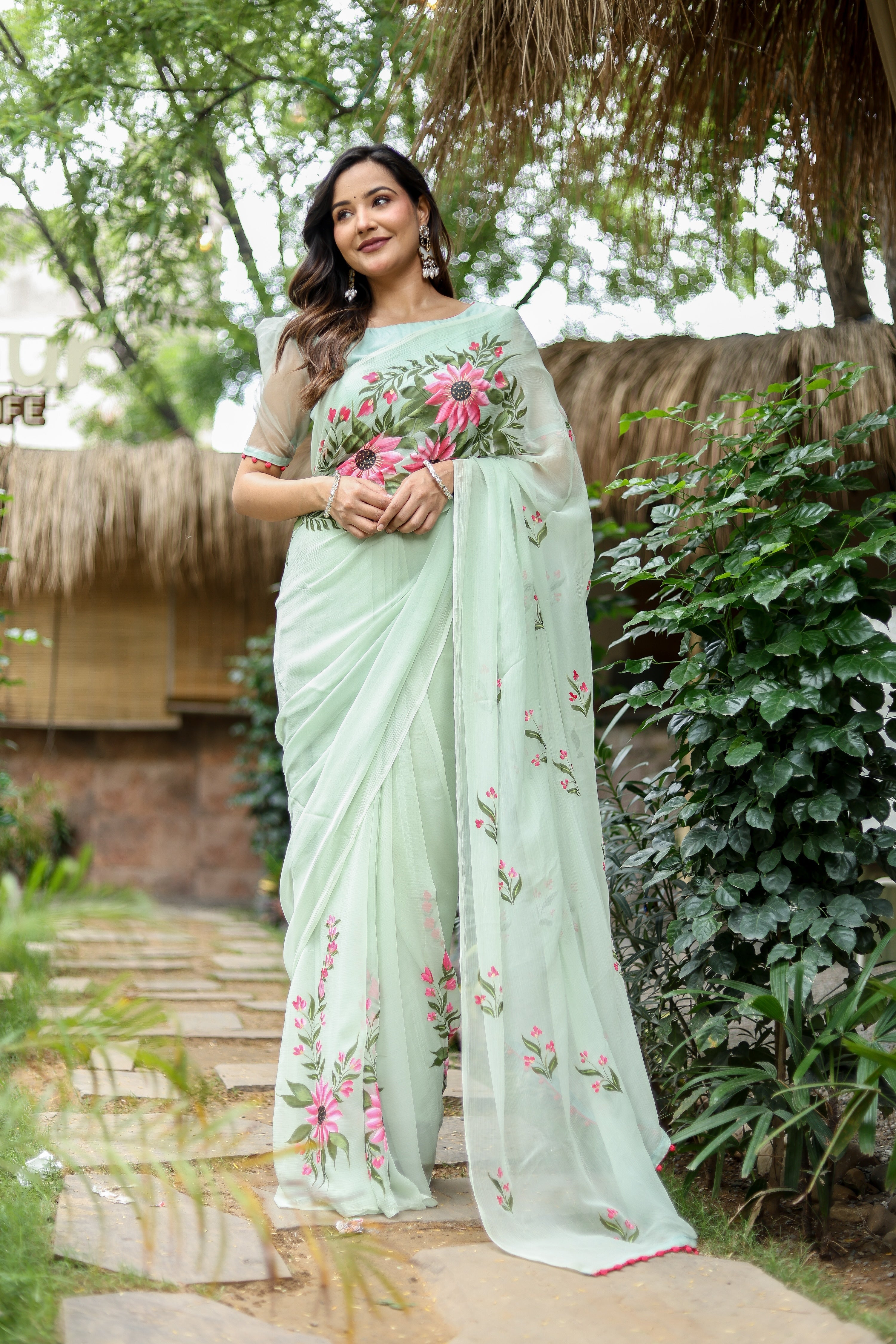 Spring Whisper (Handpainted & Embellished Chiffon Saree)