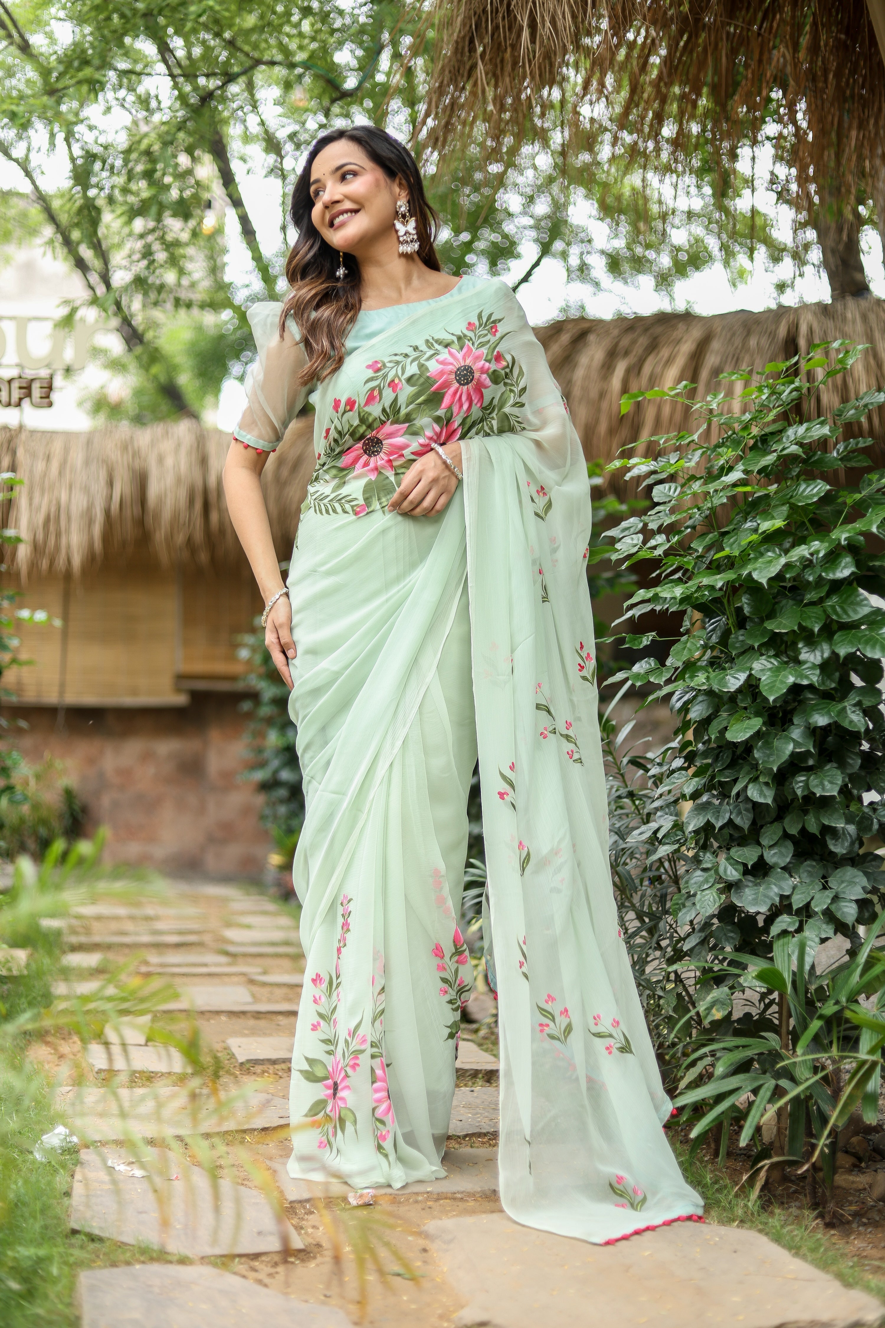 Spring Whisper (Handpainted & Embellished Chiffon Saree)