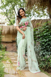 Spring Whisper (Handpainted & Embellished Chiffon Saree)