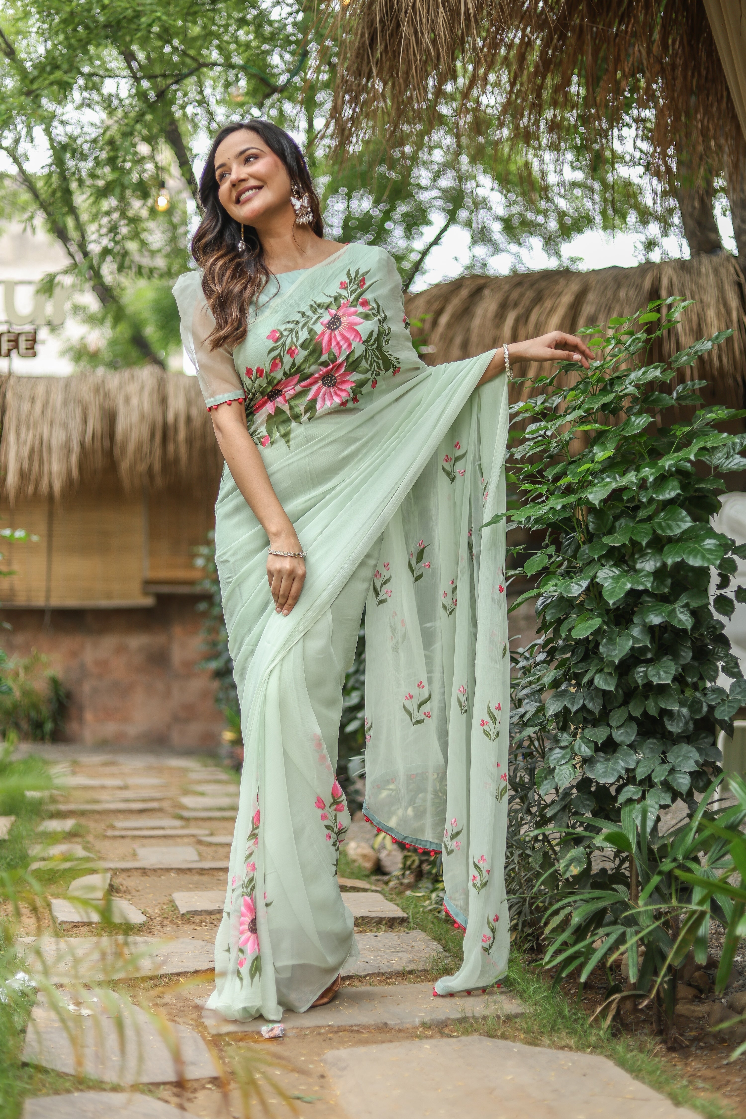 Spring Whisper (Handpainted & Embellished Chiffon Saree)