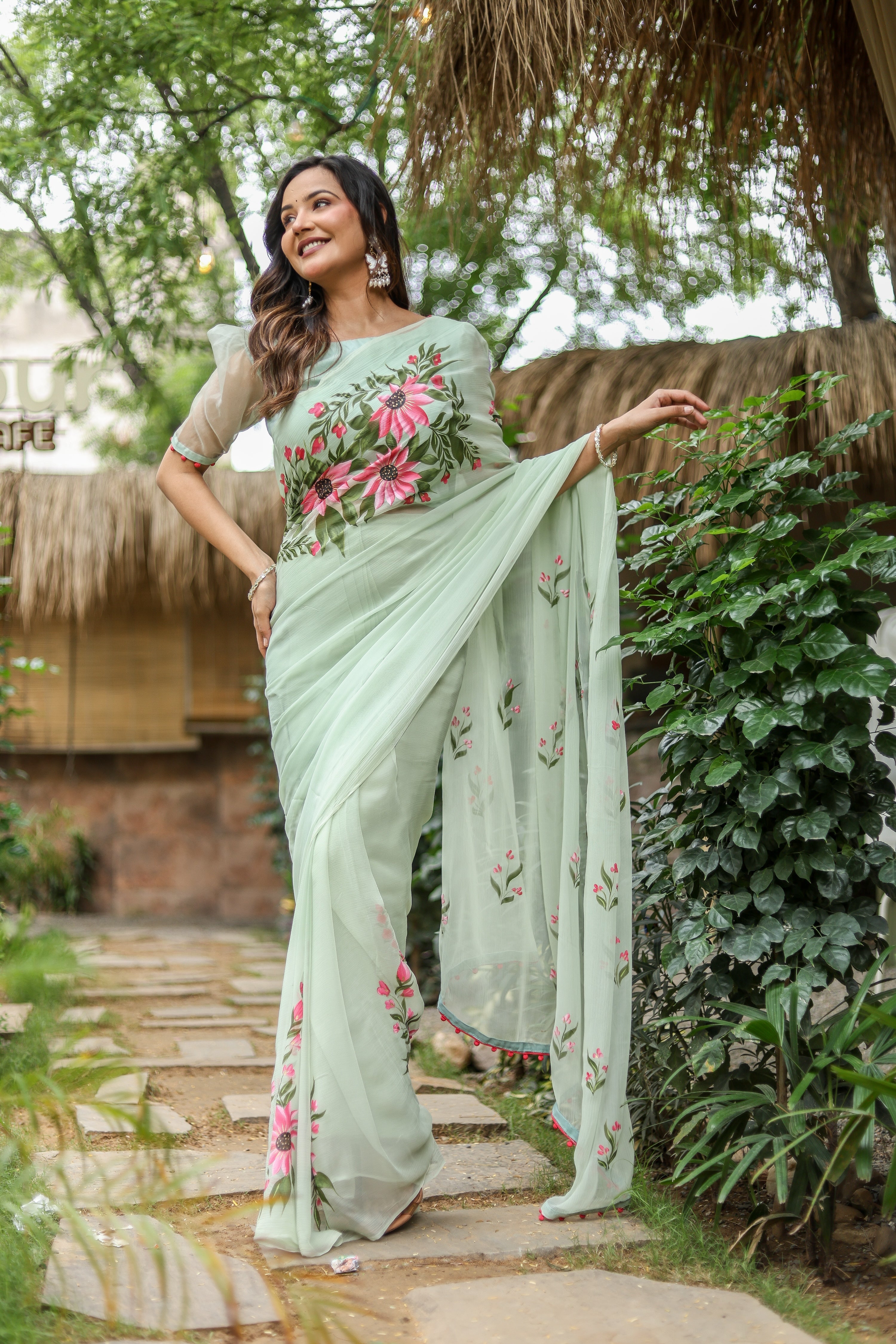 Spring Whisper (Handpainted & Embellished Chiffon Saree)