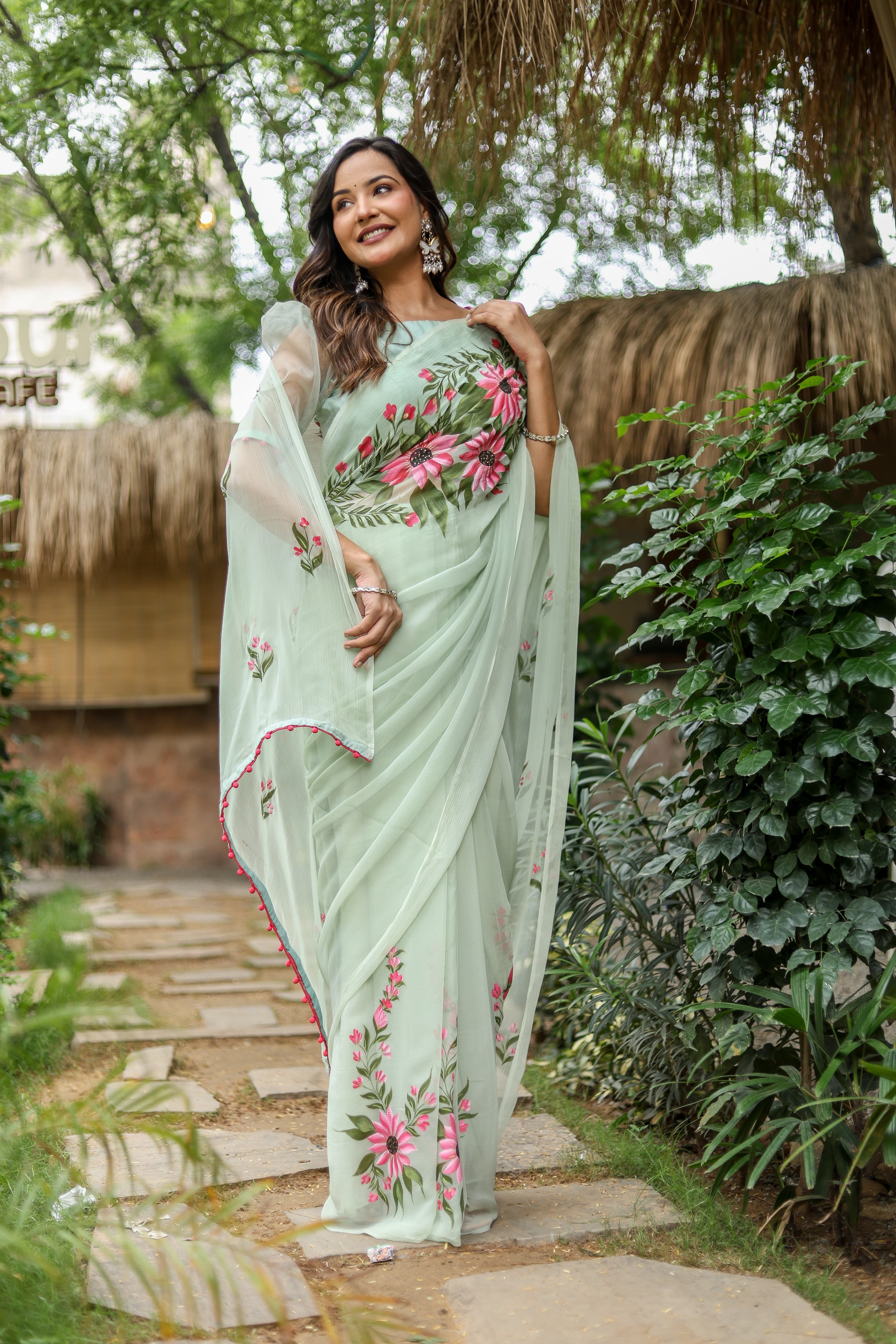 Spring Whisper (Handpainted & Embellished Chiffon Saree)