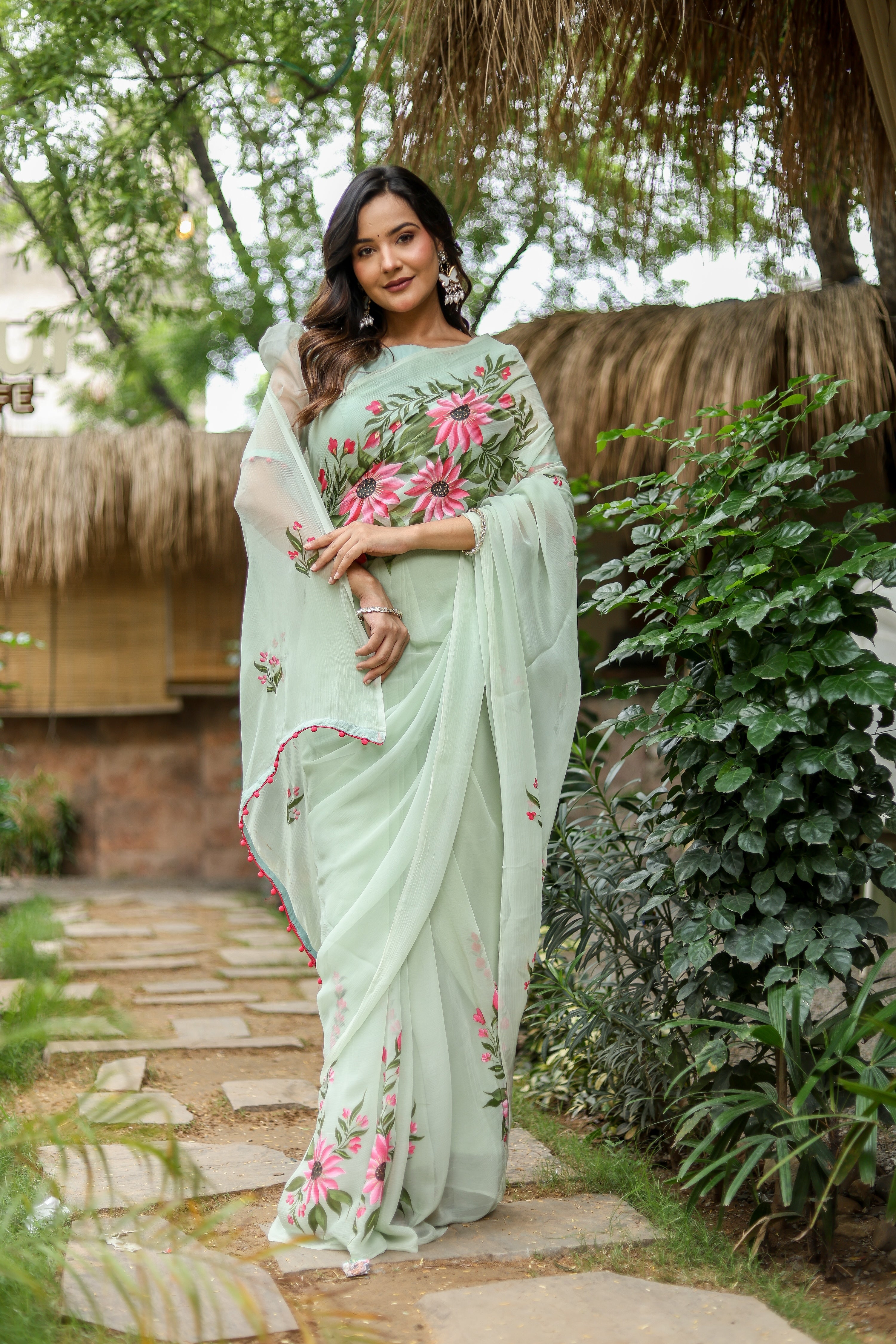 Spring Whisper (Handpainted & Embellished Chiffon Saree)