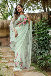 Spring Whisper (Handpainted & Embellished Chiffon Saree)