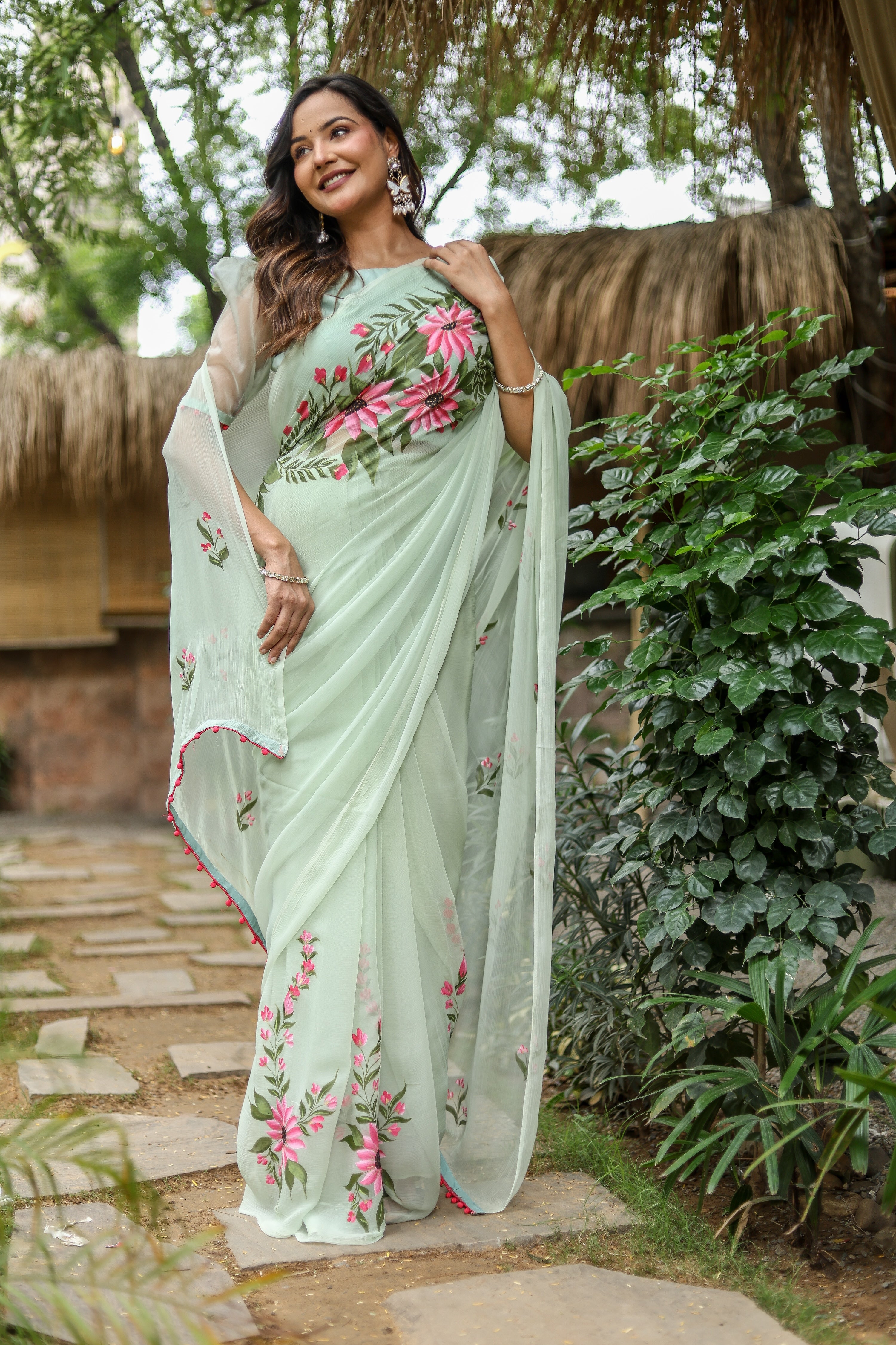 Spring Whisper (Handpainted & Embellished Chiffon Saree)