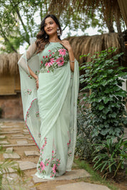 Spring Whisper (Handpainted & Embellished Chiffon Saree)