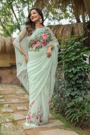 Spring Whisper (Handpainted & Embellished Chiffon Saree)