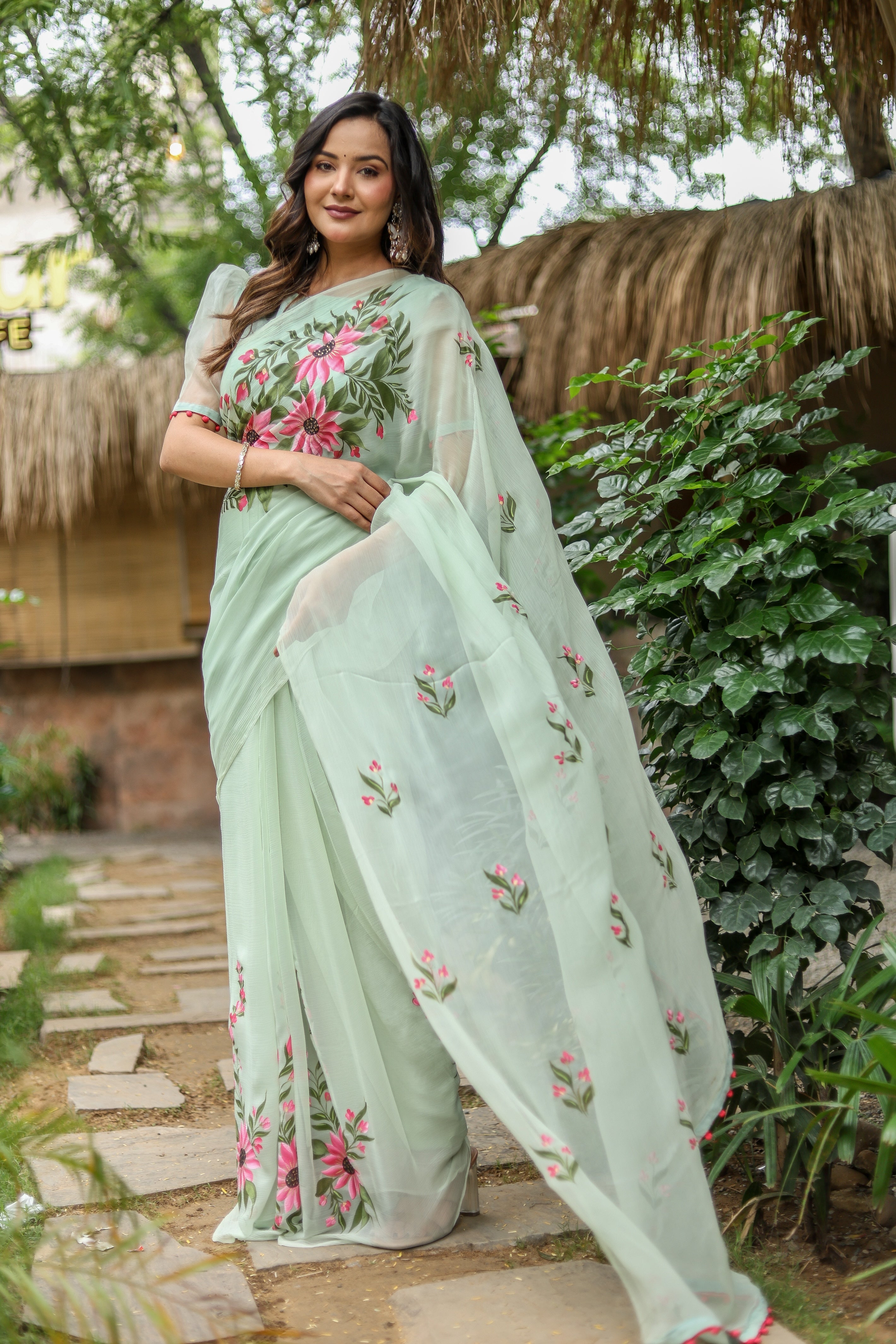 Spring Whisper (Handpainted & Embellished Chiffon Saree)