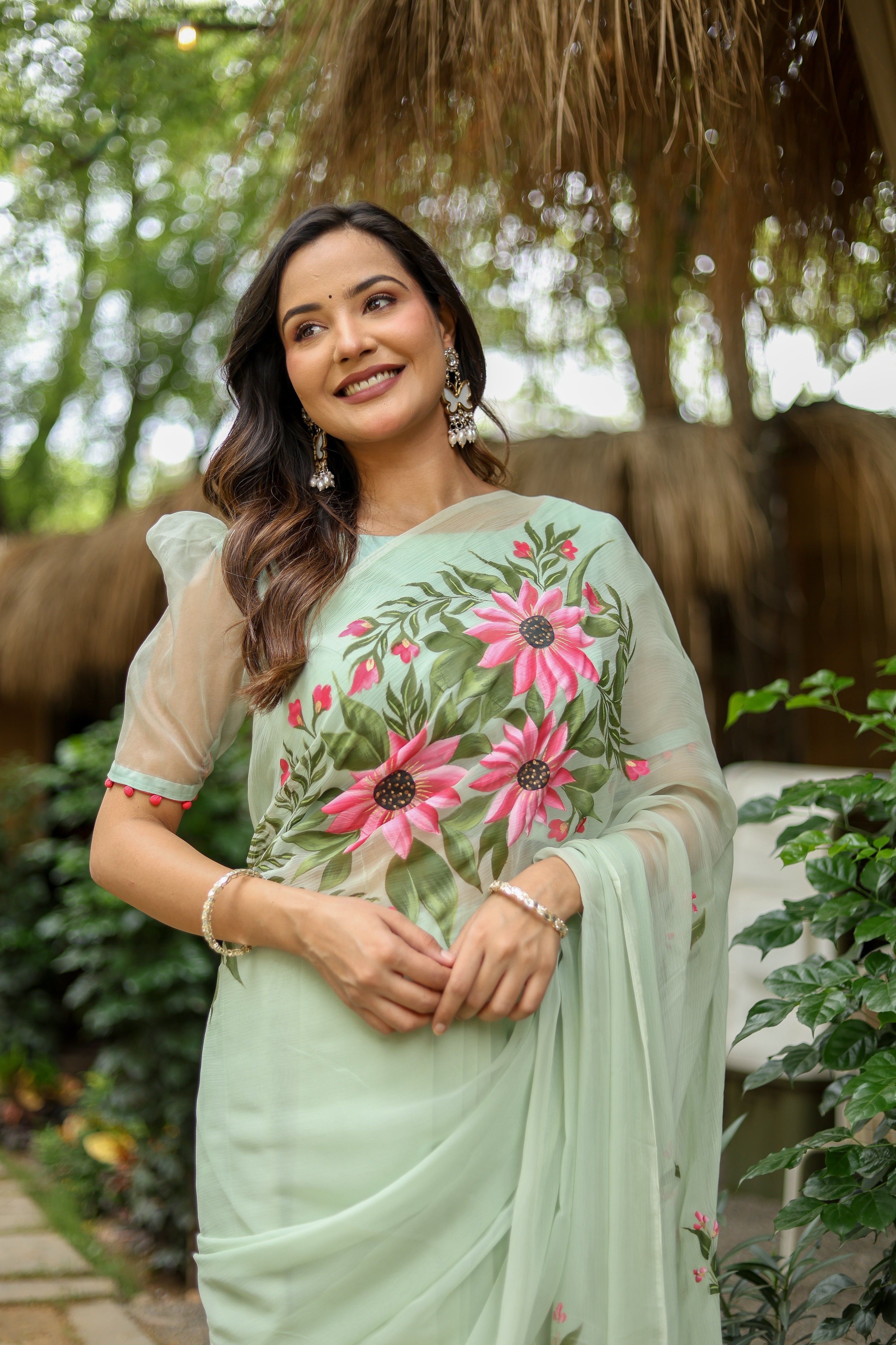 Spring Whisper (Handpainted & Embellished Chiffon Saree)