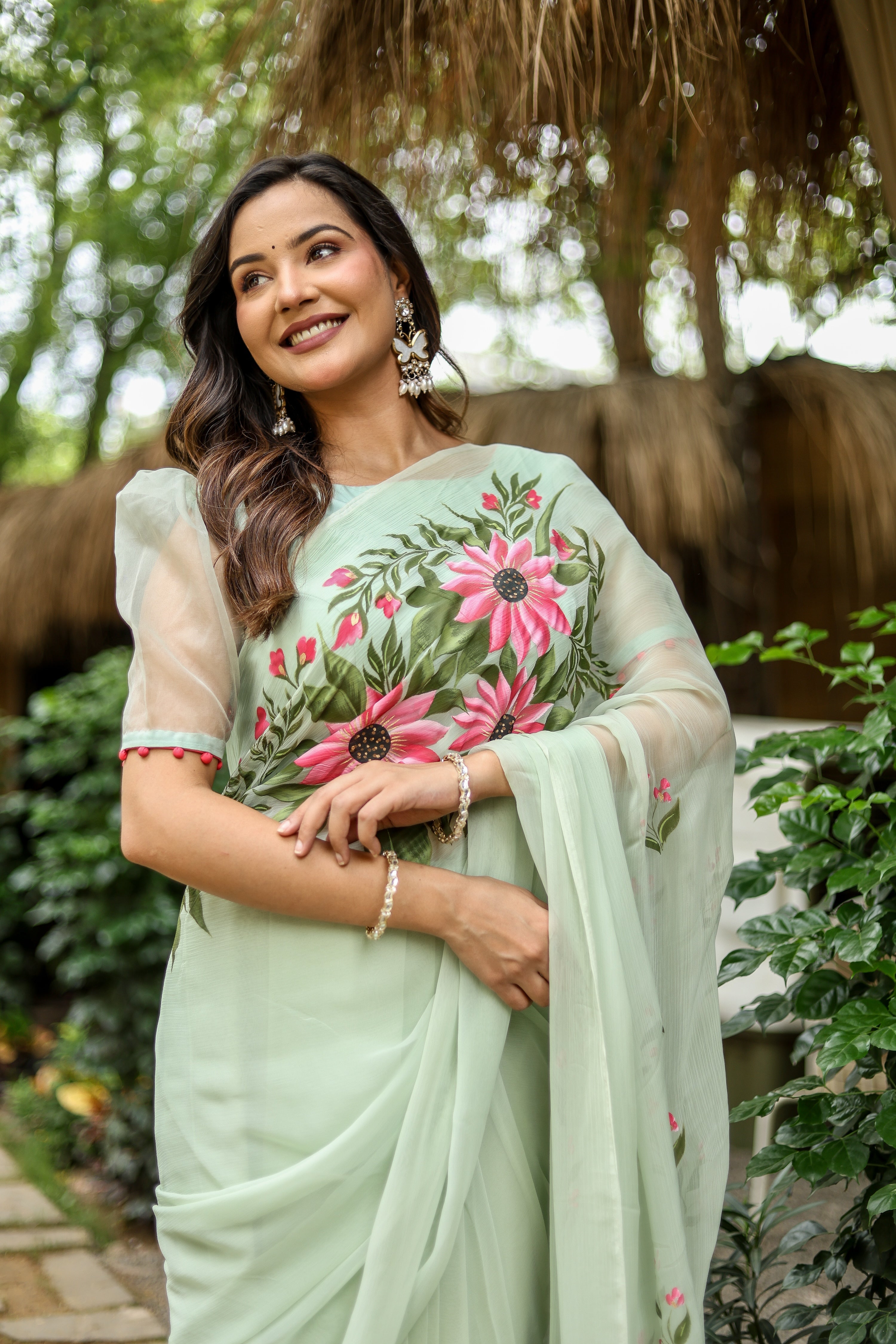 Spring Whisper (Handpainted & Embellished Chiffon Saree)