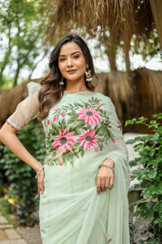 Spring Whisper (Handpainted & Embellished Chiffon Saree)