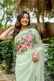 Spring Whisper (Handpainted & Embellished Chiffon Saree)