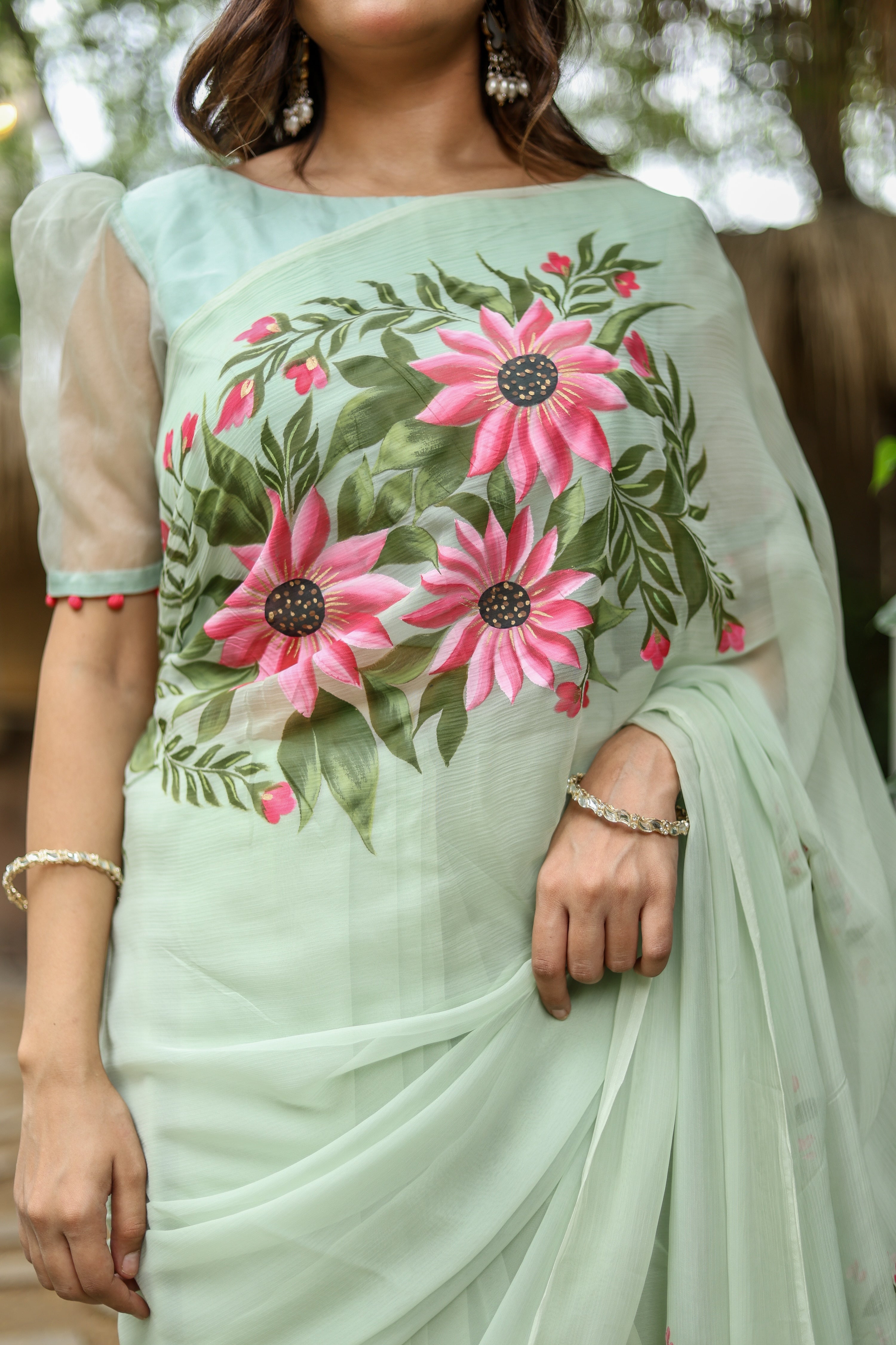 Spring Whisper (Handpainted & Embellished Chiffon Saree)