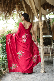 Crimson Bloom (Pure Crepe Hand Painted Saree)