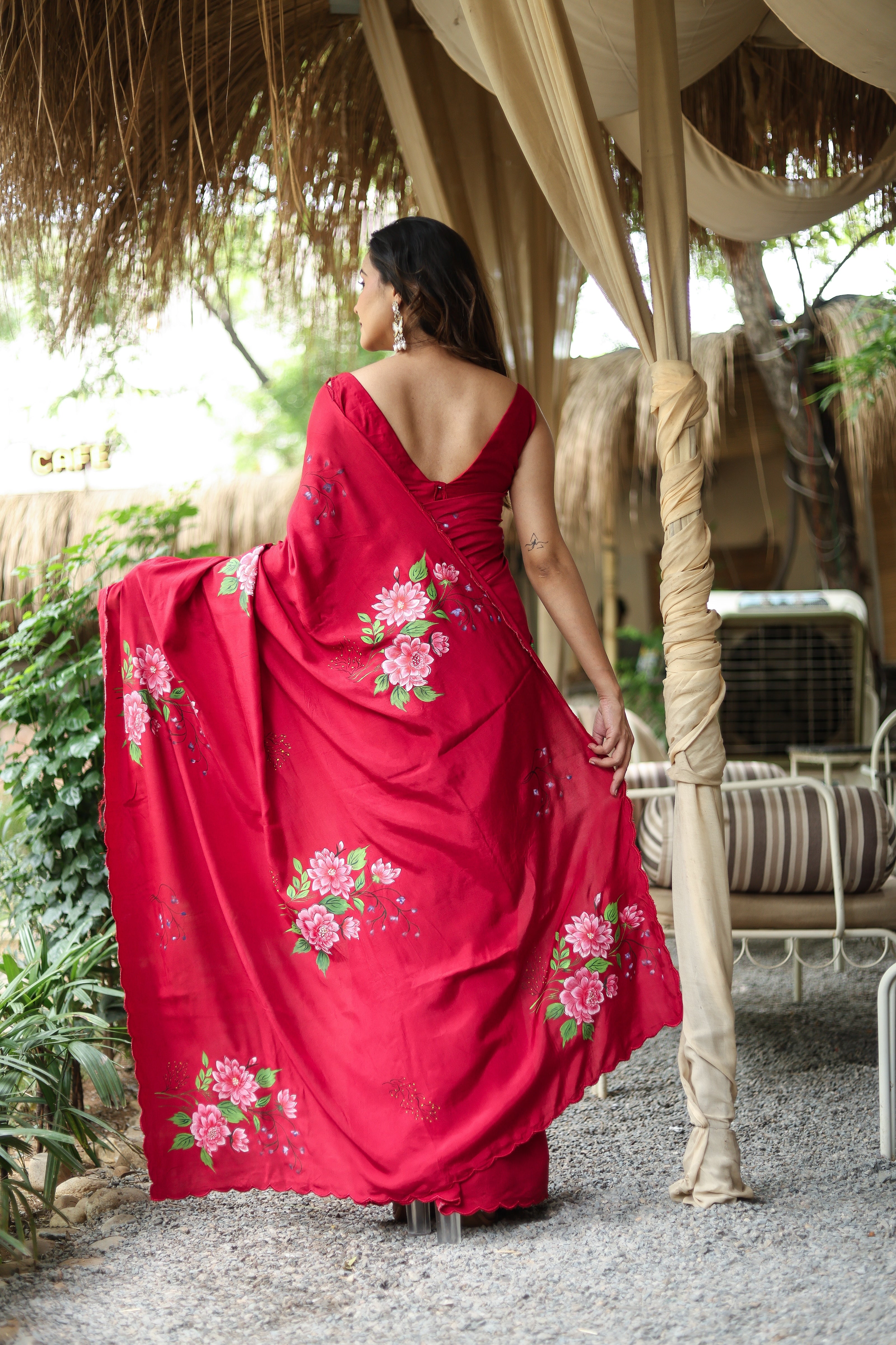 Crimson Bloom (Pure Crepe Hand Painted Saree)