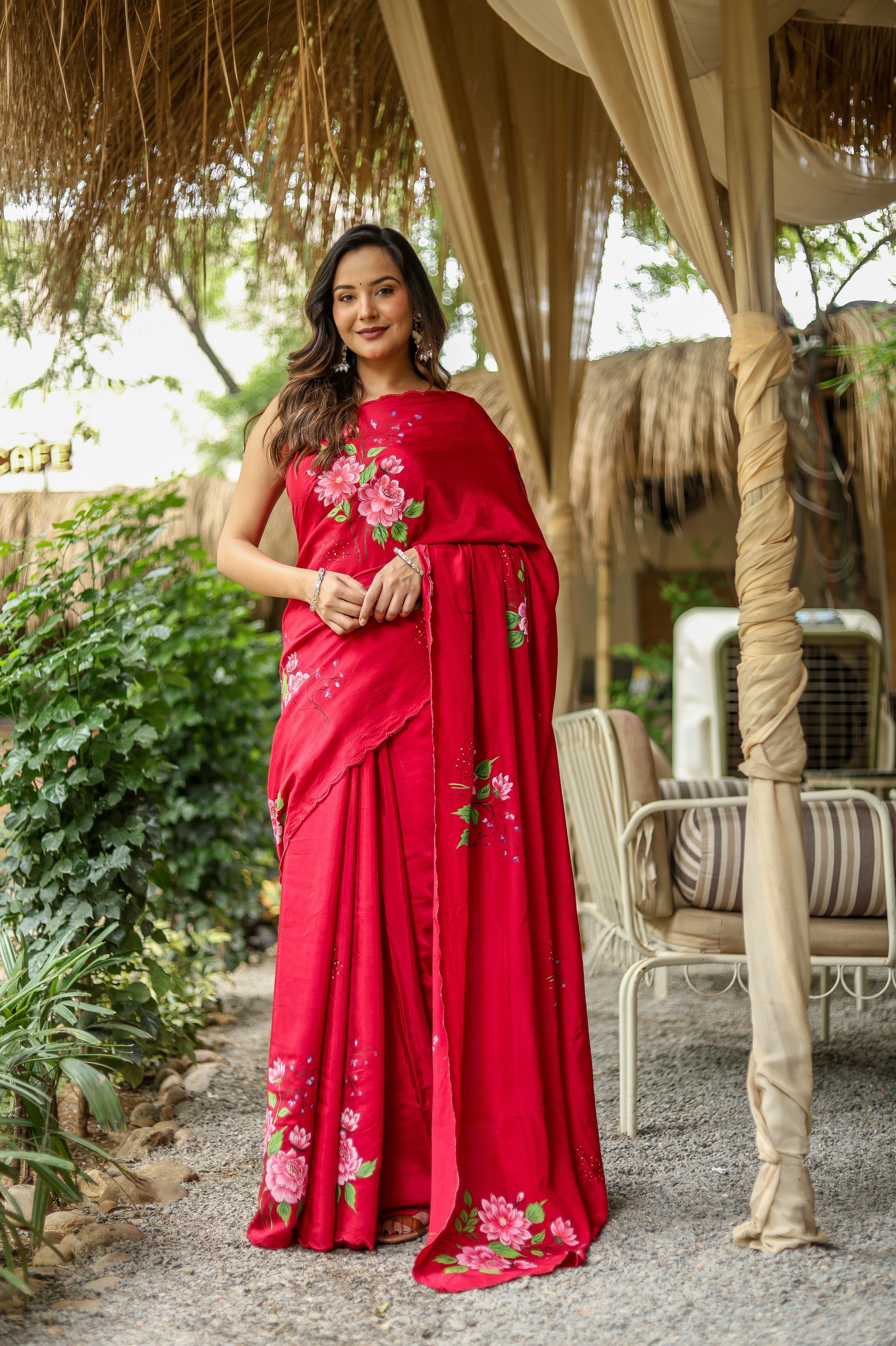 Crimson Bloom (Pure Crepe Hand Painted Saree)