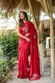 Crimson Bloom (Pure Crepe Hand Painted Saree)