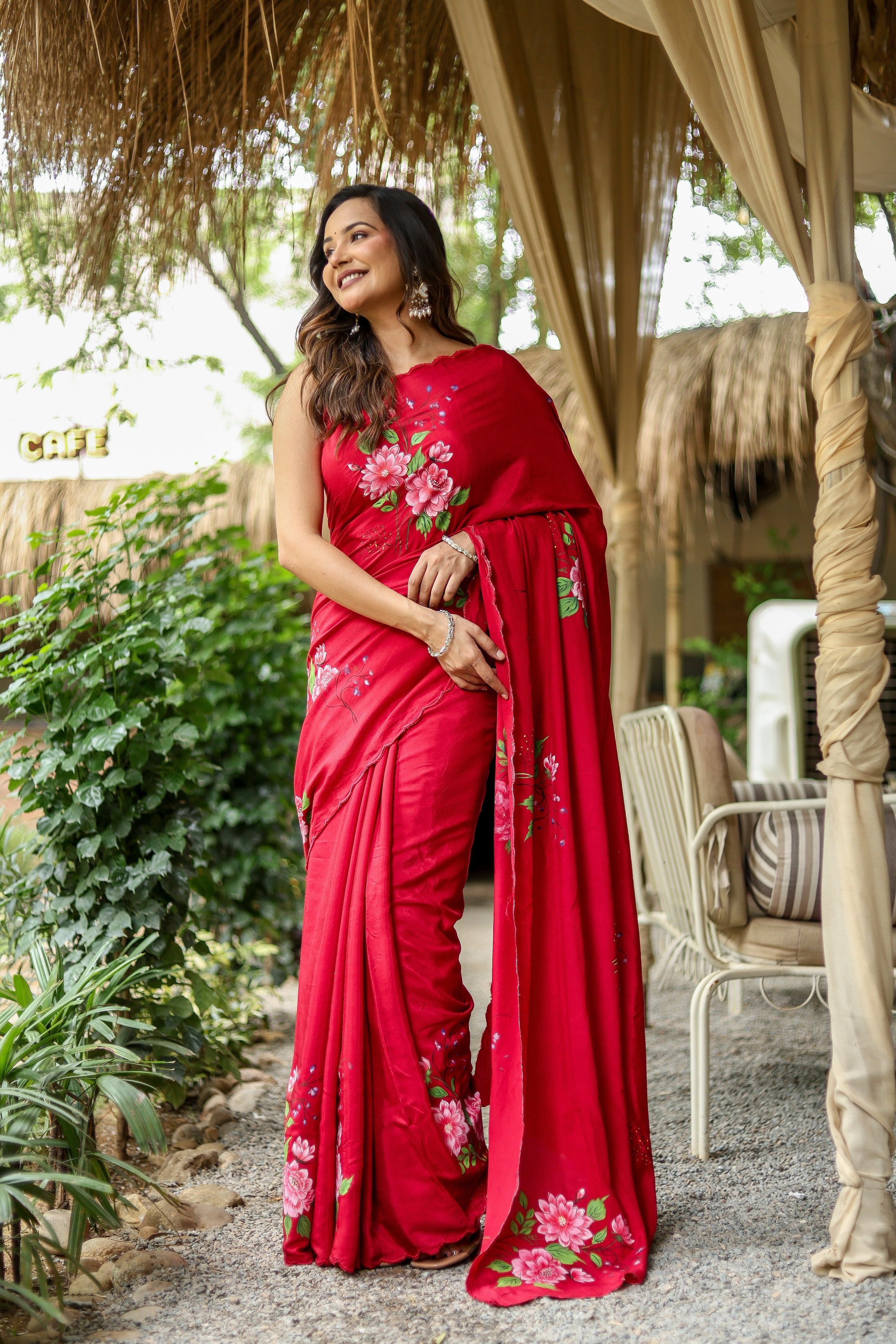 Crimson Bloom (Pure Crepe Hand Painted Saree)