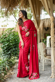Crimson Bloom (Pure Crepe Hand Painted Saree)