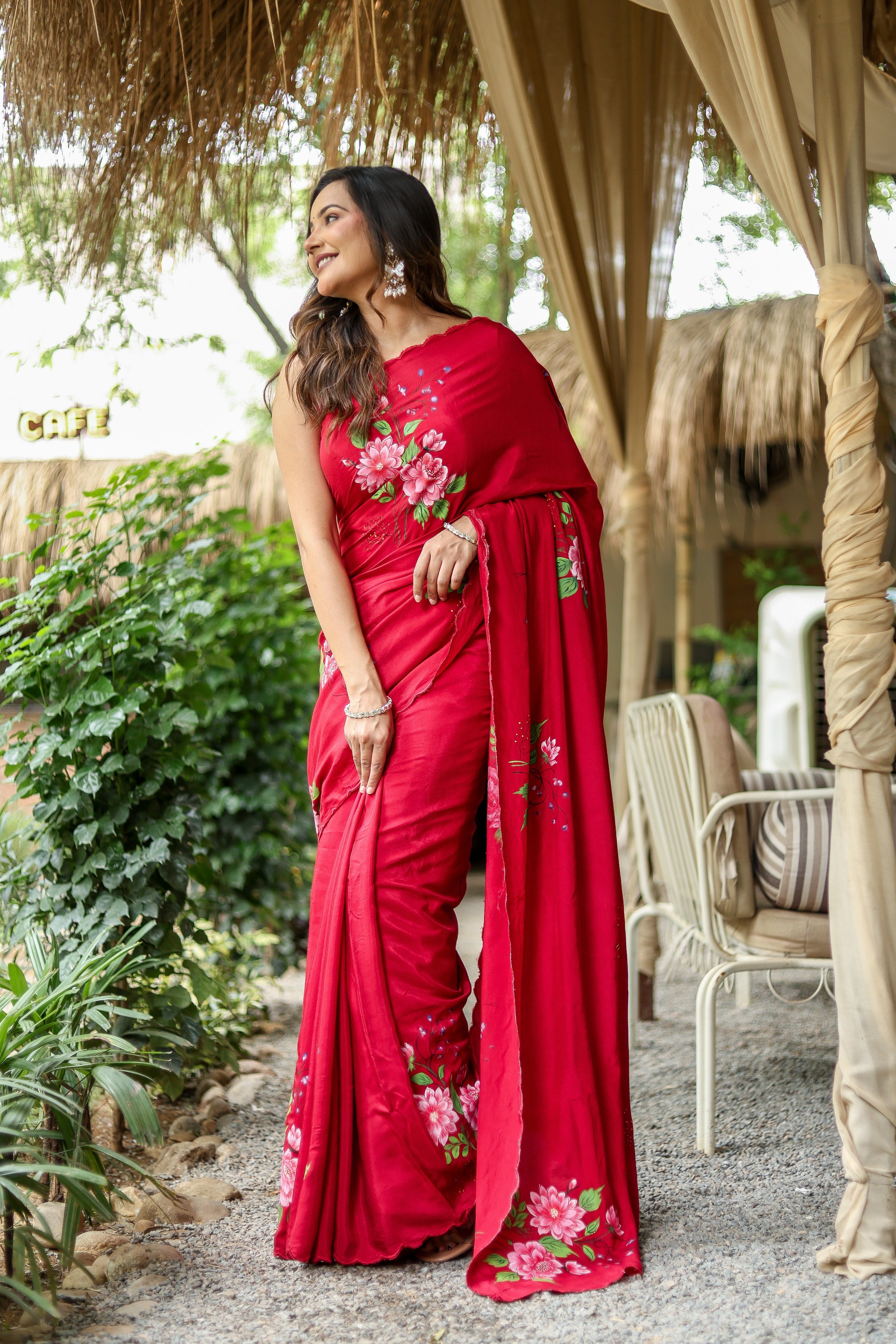 Crimson Bloom (Pure Crepe Hand Painted Saree)