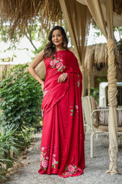 Crimson Bloom (Pure Crepe Hand Painted Saree)