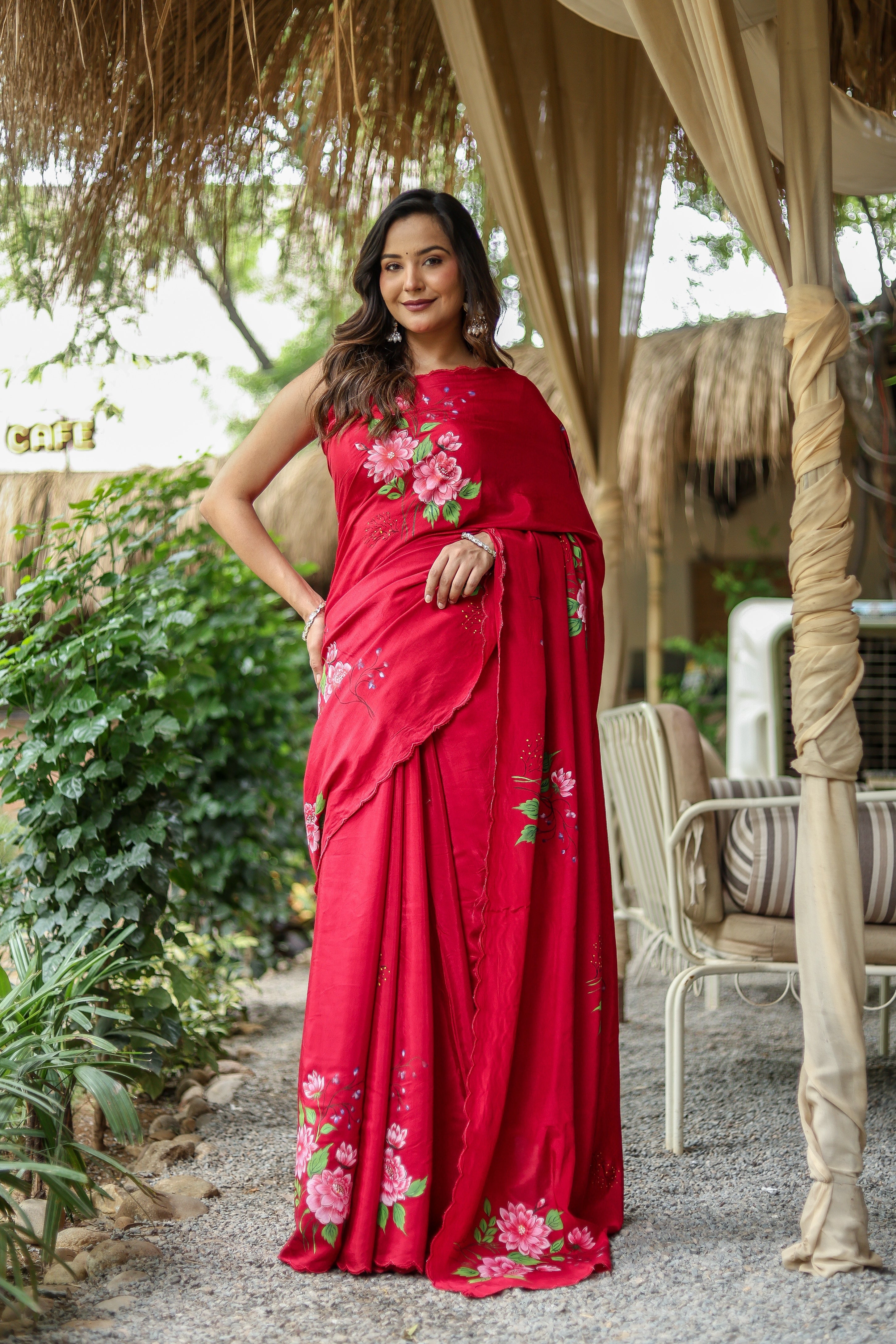 Crimson Bloom (Pure Crepe Hand Painted Saree)