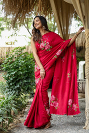 Crimson Bloom (Pure Crepe Hand Painted Saree)