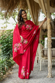 Crimson Bloom (Pure Crepe Hand Painted Saree)