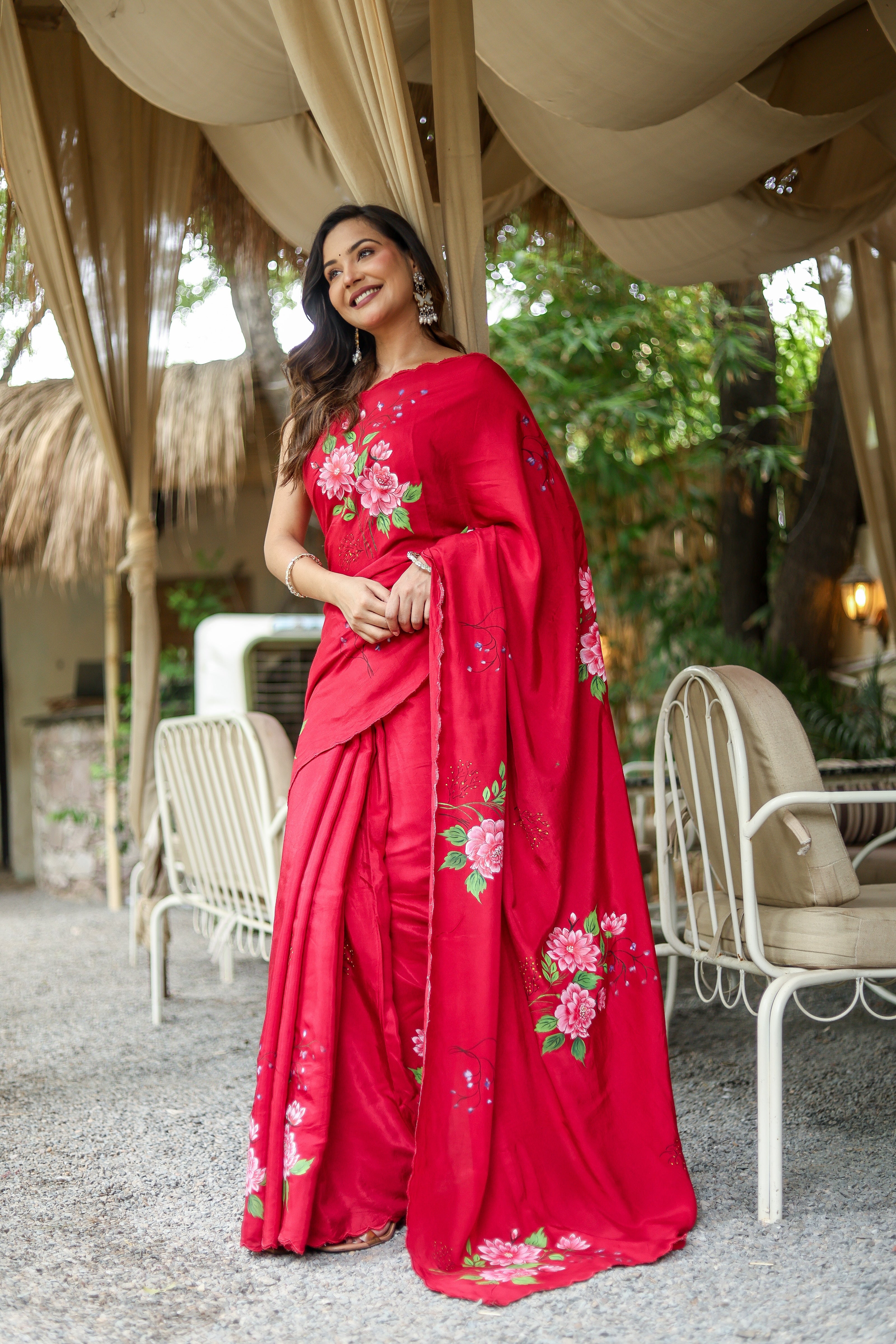 Crimson Bloom (Pure Crepe Hand Painted Saree)
