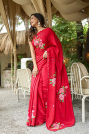 Crimson Bloom (Pure Crepe Hand Painted Saree)