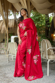 Crimson Bloom (Pure Crepe Hand Painted Saree)