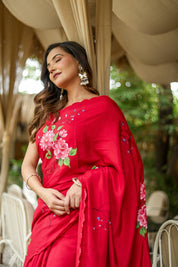 Crimson Bloom (Pure Crepe Hand Painted Saree)