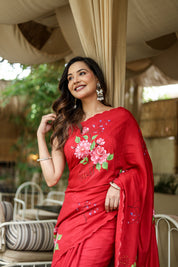 Crimson Bloom (Pure Crepe Hand Painted Saree)
