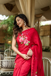 Crimson Bloom (Pure Crepe Hand Painted Saree)