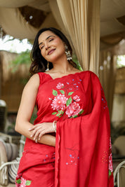 Crimson Bloom (Pure Crepe Hand Painted Saree)