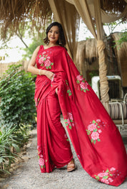Crimson Bloom (Pure Crepe Hand Painted Saree)