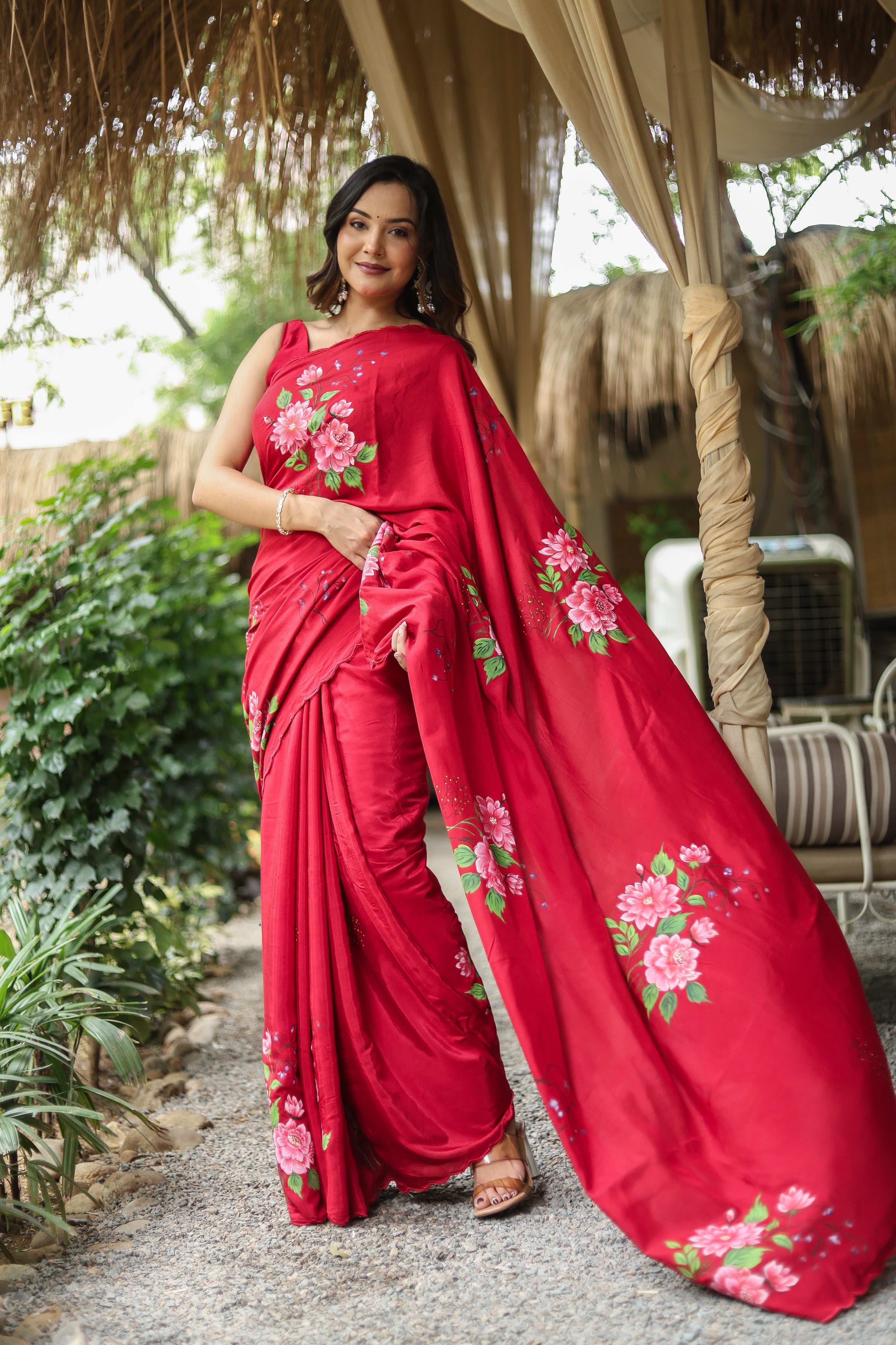 Crimson Bloom (Pure Crepe Hand Painted Saree)