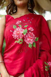Crimson Bloom (Pure Crepe Hand Painted Saree)