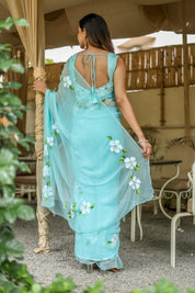 Aqua Bloom (Pure Chiffon Hand Painted Saree)