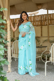 Aqua Bloom (Pure Chiffon Hand Painted Saree)