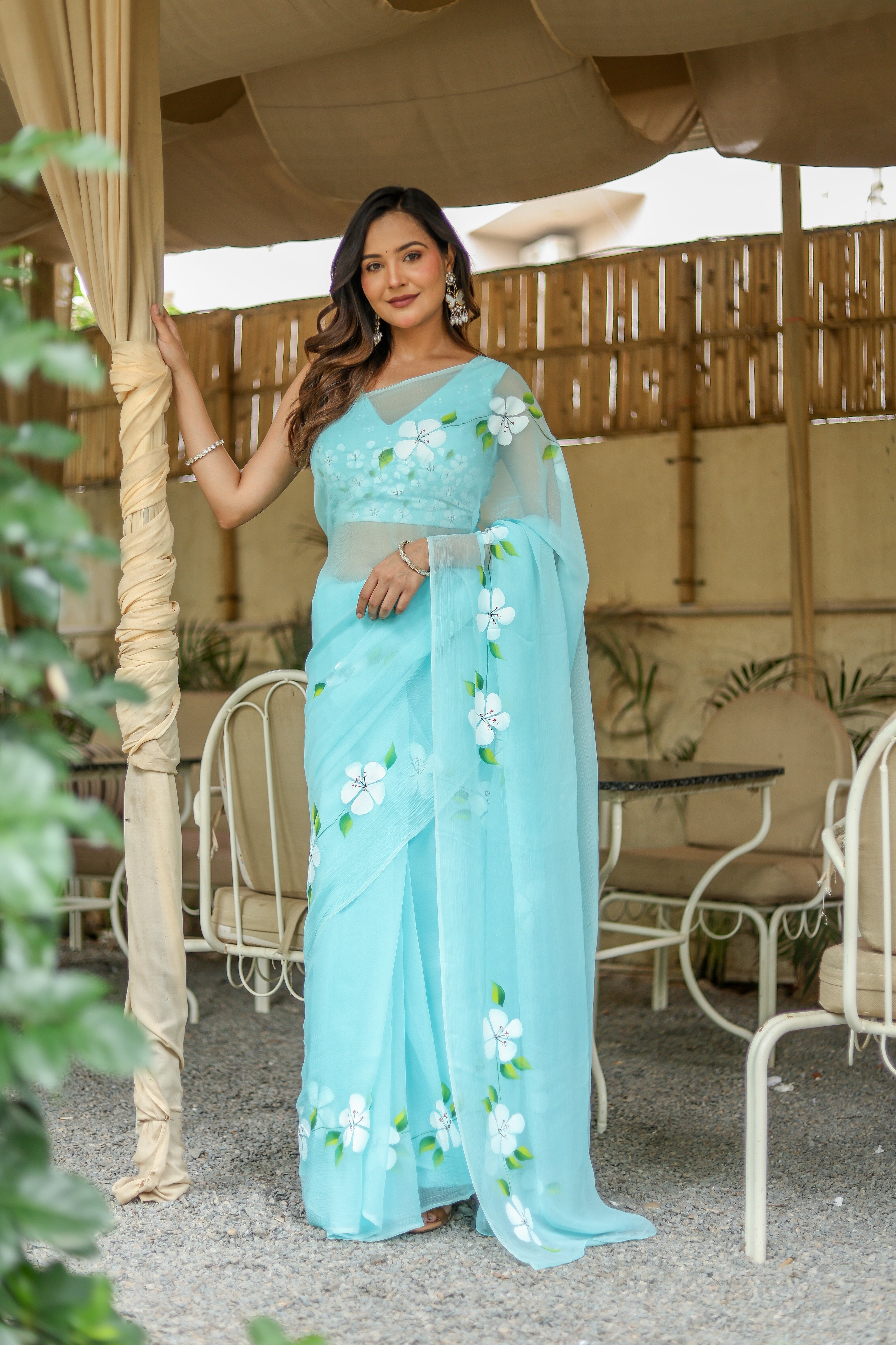Aqua Bloom (Pure Chiffon Hand Painted Saree)