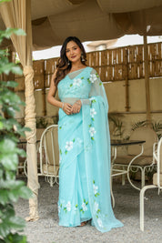 Aqua Bloom (Pure Chiffon Hand Painted Saree)