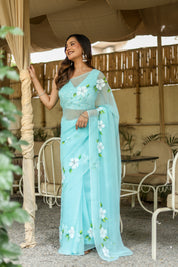 Aqua Bloom (Pure Chiffon Hand Painted Saree)