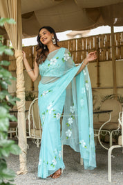 Aqua Bloom (Pure Chiffon Hand Painted Saree)