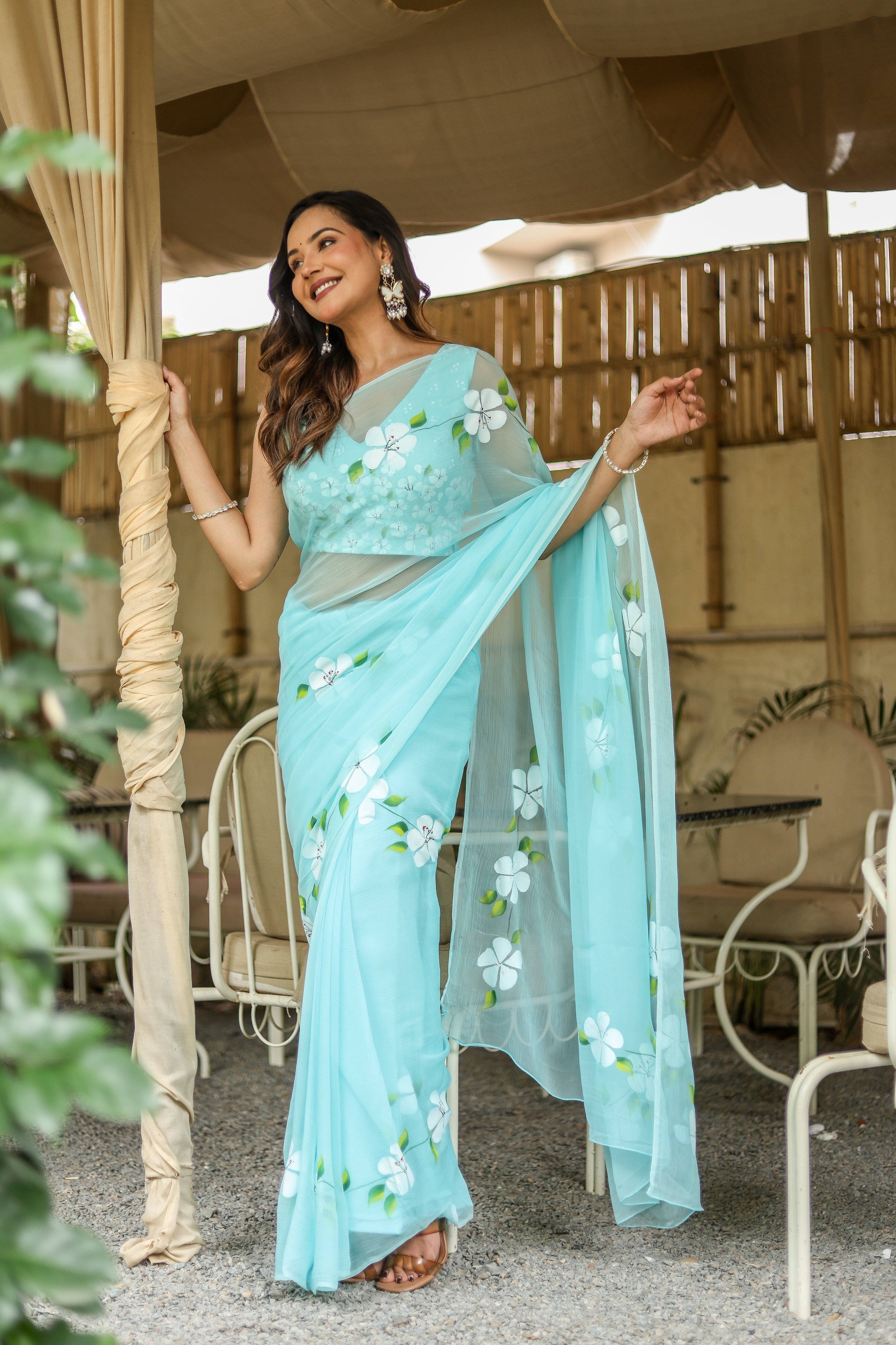 Aqua Bloom (Pure Chiffon Hand Painted Saree)
