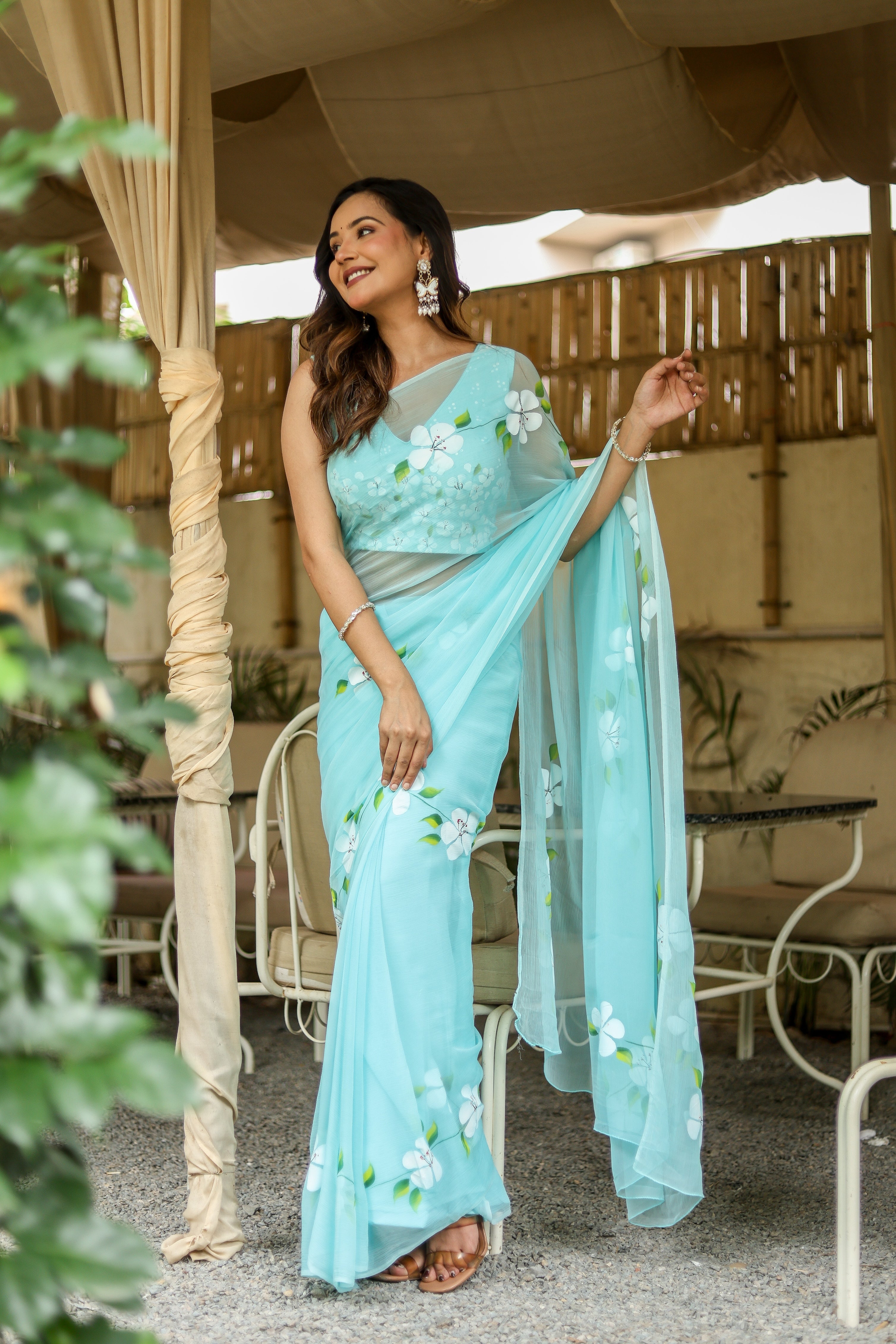 Aqua Bloom (Pure Chiffon Hand Painted Saree)
