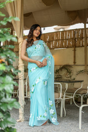 Aqua Bloom (Pure Chiffon Hand Painted Saree)