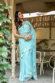 Aqua Bloom (Pure Chiffon Hand Painted Saree)